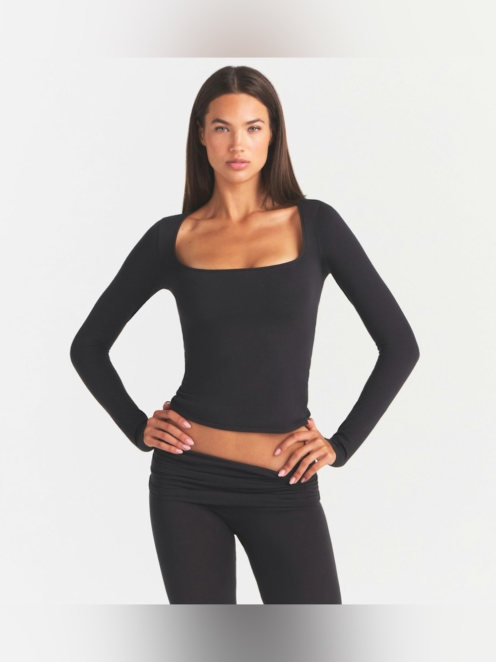 SKIMS Scoop Neck Cotton Blend Jersey Long Sleeve T-Shirt Black Womens size Small